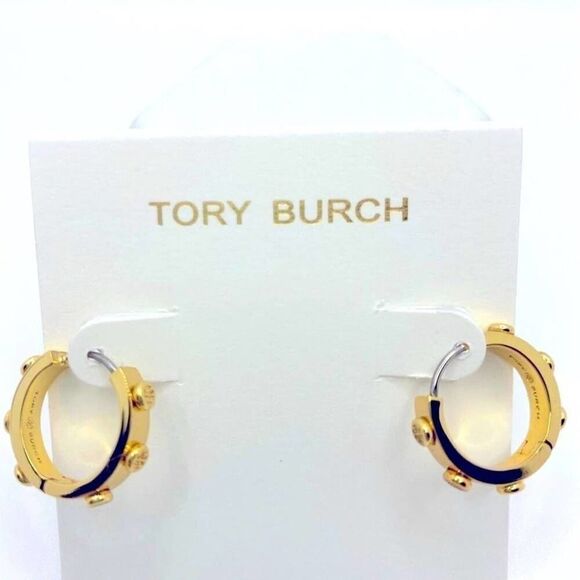 New Tory Burch Gold Logo Small Raised Huggie Hoop Earrings - Picture 6 of 6